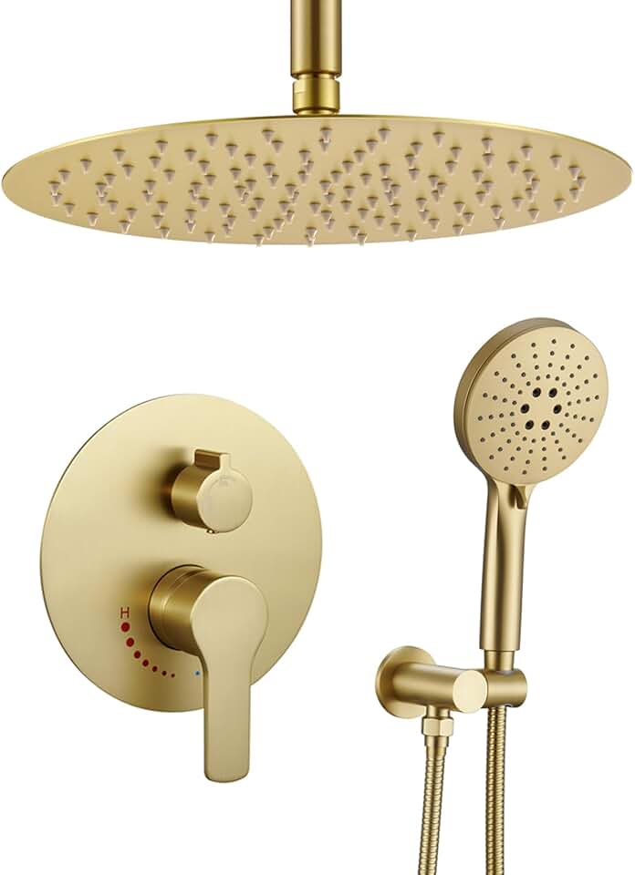 Brushed Gold Shower Faucet with Handheld Sprayer- 12 Inch Shower Head System Has Rain Shower Head and Handheld with Brass Valve- The Rainfall Shower Set for Bathroom Shower Fixtures