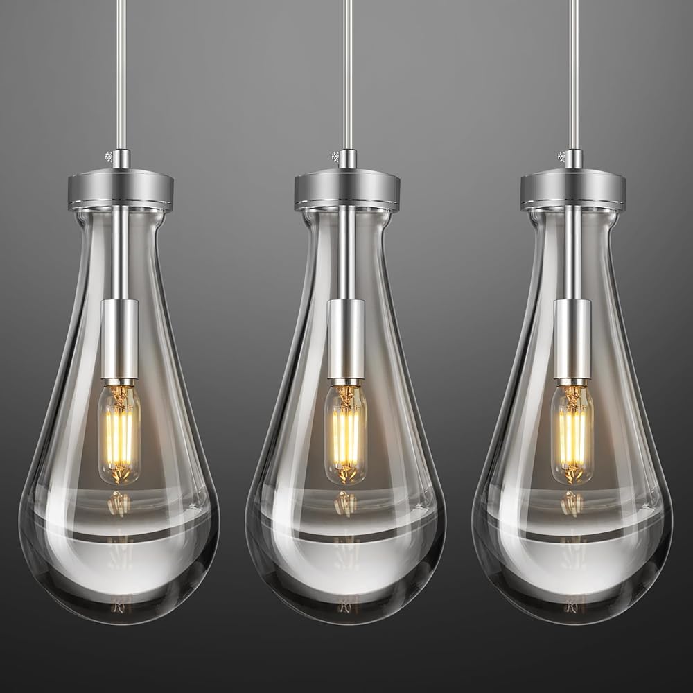 Raindrop Pendant Lights Kitchen Island Teardrop Chrome Hanging Light Fixtures Clear Solid Glass Pendant Light Modern Chandeliers for Dining Room Porch Corridor Living Room(3-Pack)