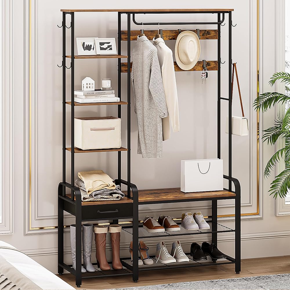 Hall Tree, Coat Rack with 3-Tier Storage Bench and 1 Drawer, 5-in-1 Entryway Bench with 17 Hooks, 1 Hanging Rod, 4-Tier Side Shelves, Rustic Brown and Black HT03501B