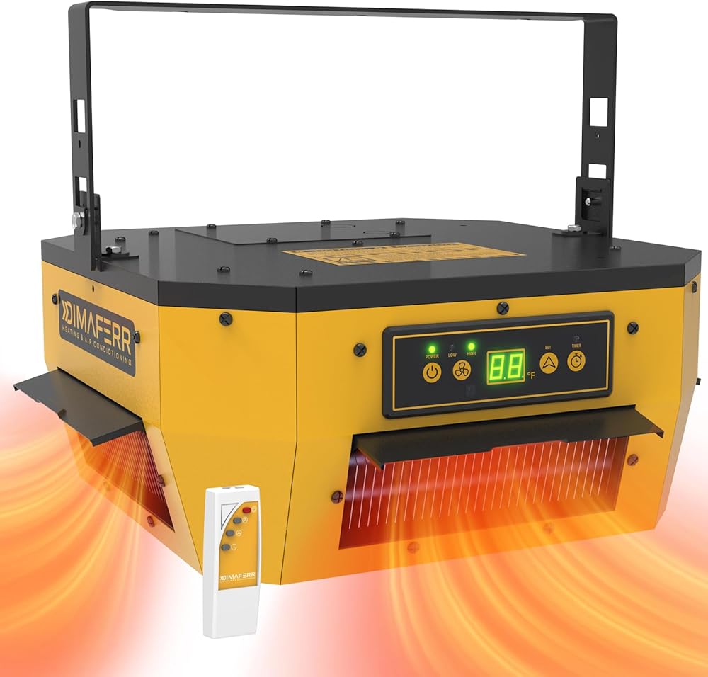 Dimaferr 360 Degree Electric Garage Heater, 7500 Watt Fast Heating, with IR Remote, Overheat Protection, 180s Delay and 9 Hour Timer, Digital Thermostat, Ceiling Mount Shop Heater, 240v Hardwired
