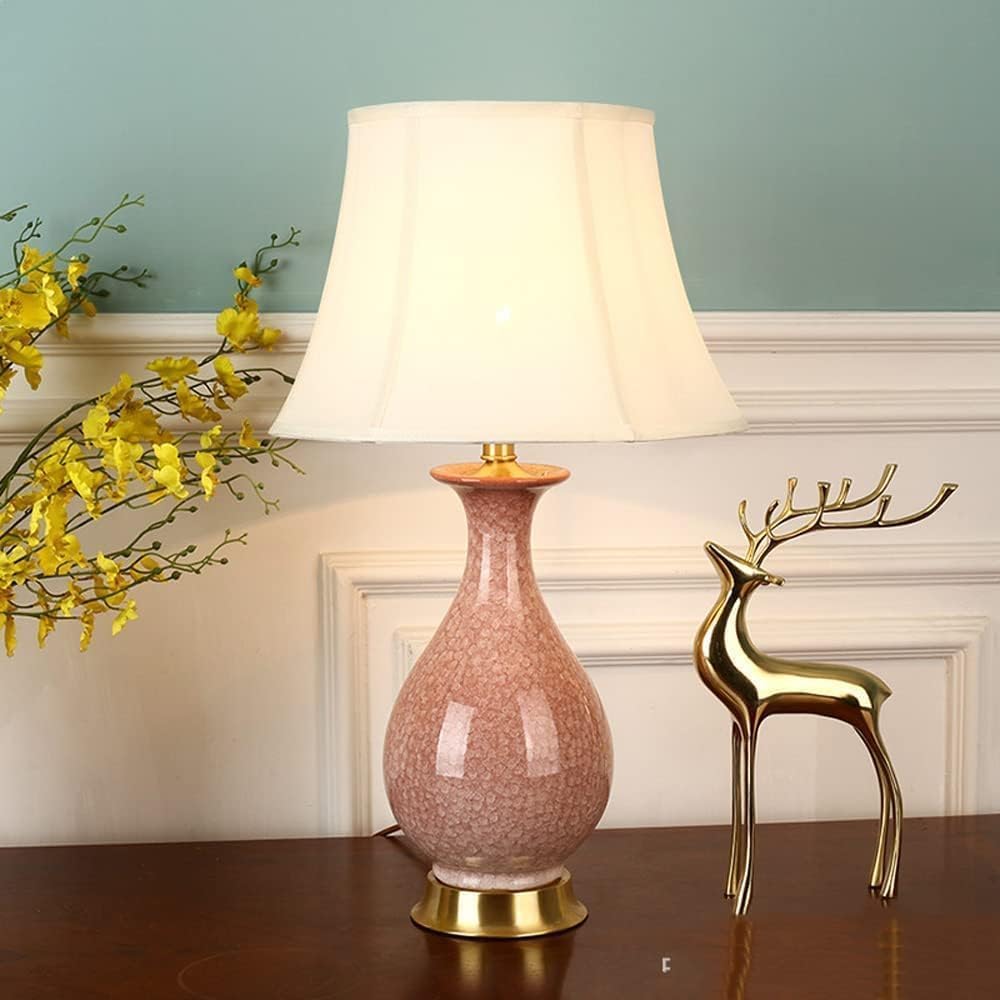 64CM Modern Chinese Large Ceramic Lamp Body Bedroom Bedside Lamp Oriental Porcelain Desk Lamp Fabric Lampshade Table Lamp Home Office Desk Nightstand Lamp Bar Hotel Desktop Light