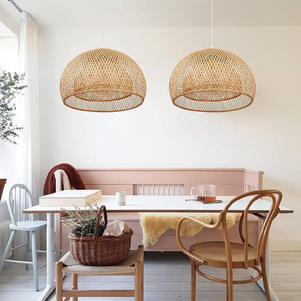 Arturesthome Single Light Pendant Light Bamboo Ceiling Hanging Light Fixture Woven Lamp Shade Chandelier for Kitchen Island Restaurant