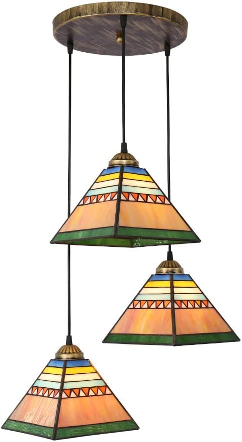 Tiffany 3-Light Cluster Pendant Light Stained Glass Kitchen Island Lighting Fixture, Antique Hanging Ceiling Lamps E27 Chandeliers for Dining Room Pool Table Restaurant