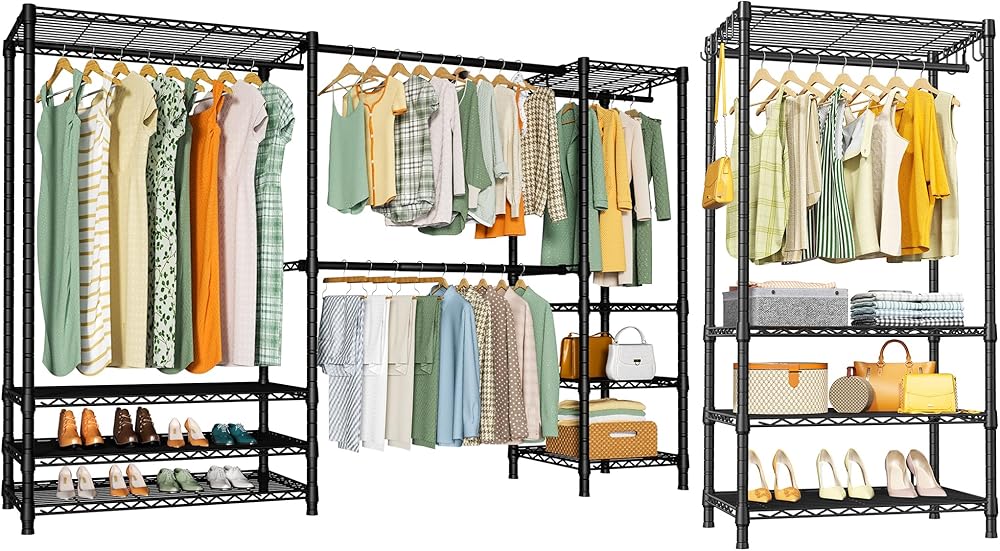 Ulif E11 and Portable Garment Rack Black Bundle, Clothes Rack, and Closet Storage System with Shelves and Expandable Hanger Rods, Freestanding Clothing Rack