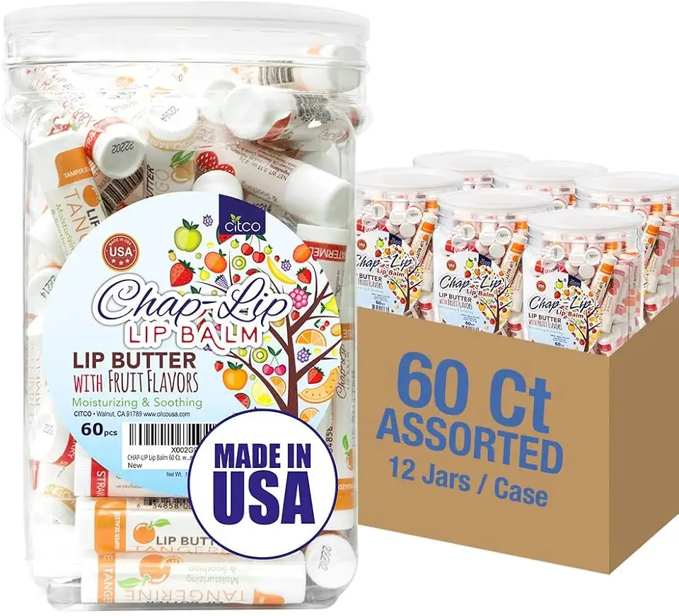 CHAP-LIP Lip Balm 60 Ct. with Fruit Flavors, Cocoa Butter, Coconut Oil | Moisturizing Vitamin E & Total Hydration Treatment & Soothing Lip Therapy (60 Ct Pack of 12)