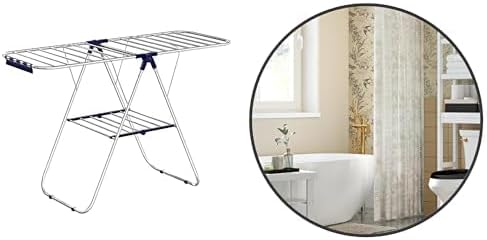 SONGMICS Clothes Drying Rack, with Bonus Sock Clips, Stainless Steel Gullwing Space-Saving Laundry Rack,Round Mirror, Bathroom Mirror for Wall, 24 Inches, Metal Frame,ULLR52BU & ULWM102B01