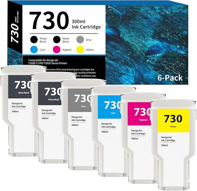 730 Ink Cartridges 300ml 6-Pack P2V68A P2V69A P2V70A P2V71A P2V72A P2V73A Replacement for HP 730 Ink Cartridge for DesignJet T1600 T1700 T2600 Printer Ink