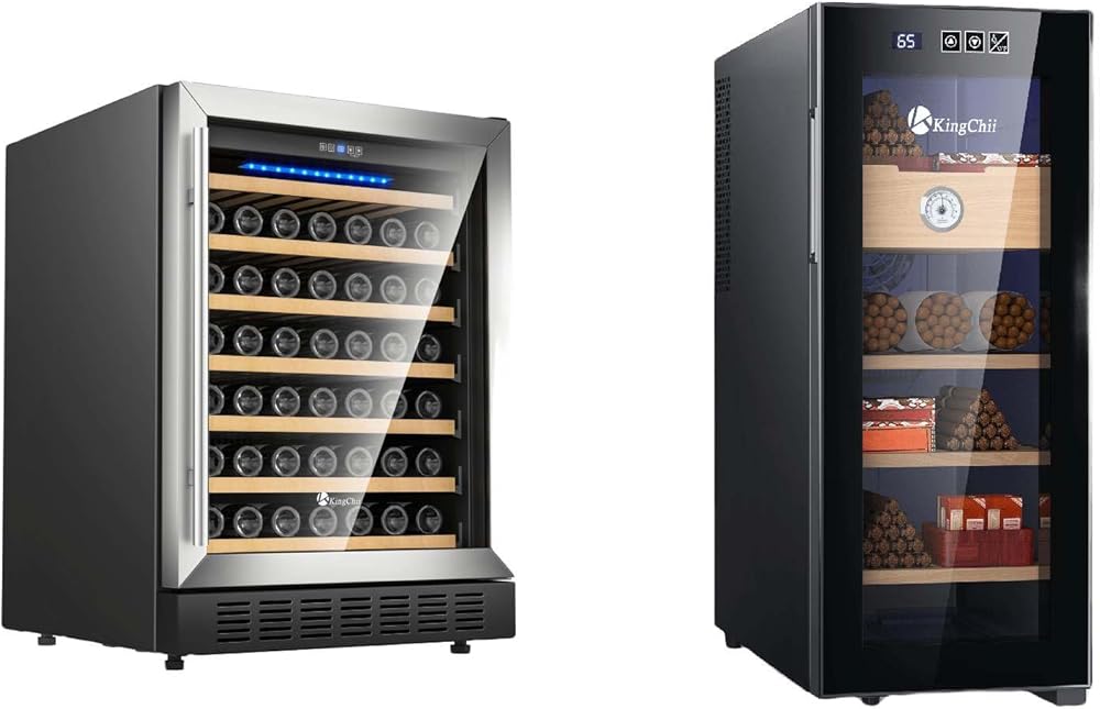 KingChii 24 Inch 46 Bottle Wine Cooler Refrigerator + 33L Electric Cigar Humidors, Temperature Control Cabinet with Spanish Cedar Wood Shelves(250 Counts Capacity)