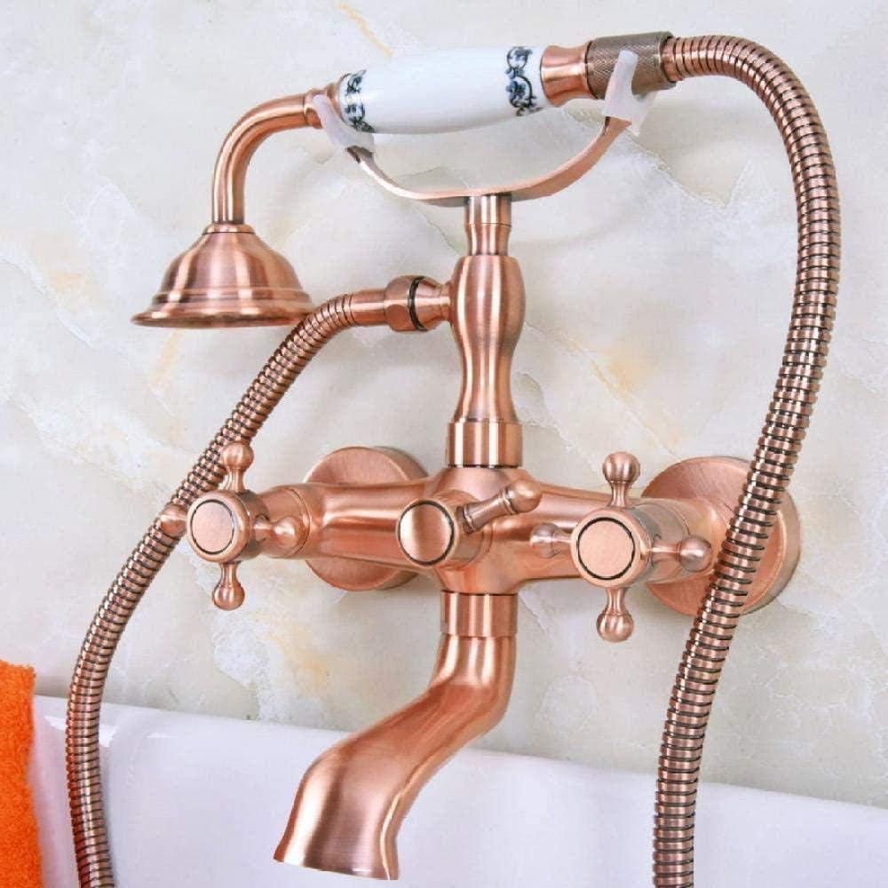 Faucet Antique Red Copper Dual Cross Handles Bathroom Tub Faucet with Hand Held Shower Sprayer