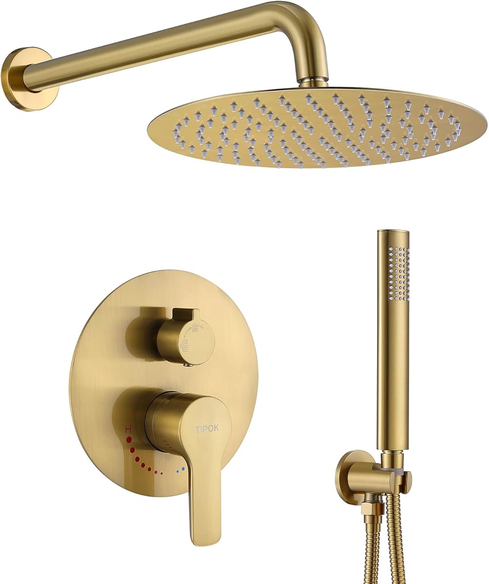 Brushed Gold Shower System with 10 Inch Rain Shower Head and Handheld, Gold Shower Faucet Set Has High-Pressure Rain Showerhead and Pressure Balance Golden Brush Brass Valve for Shower Fixtures