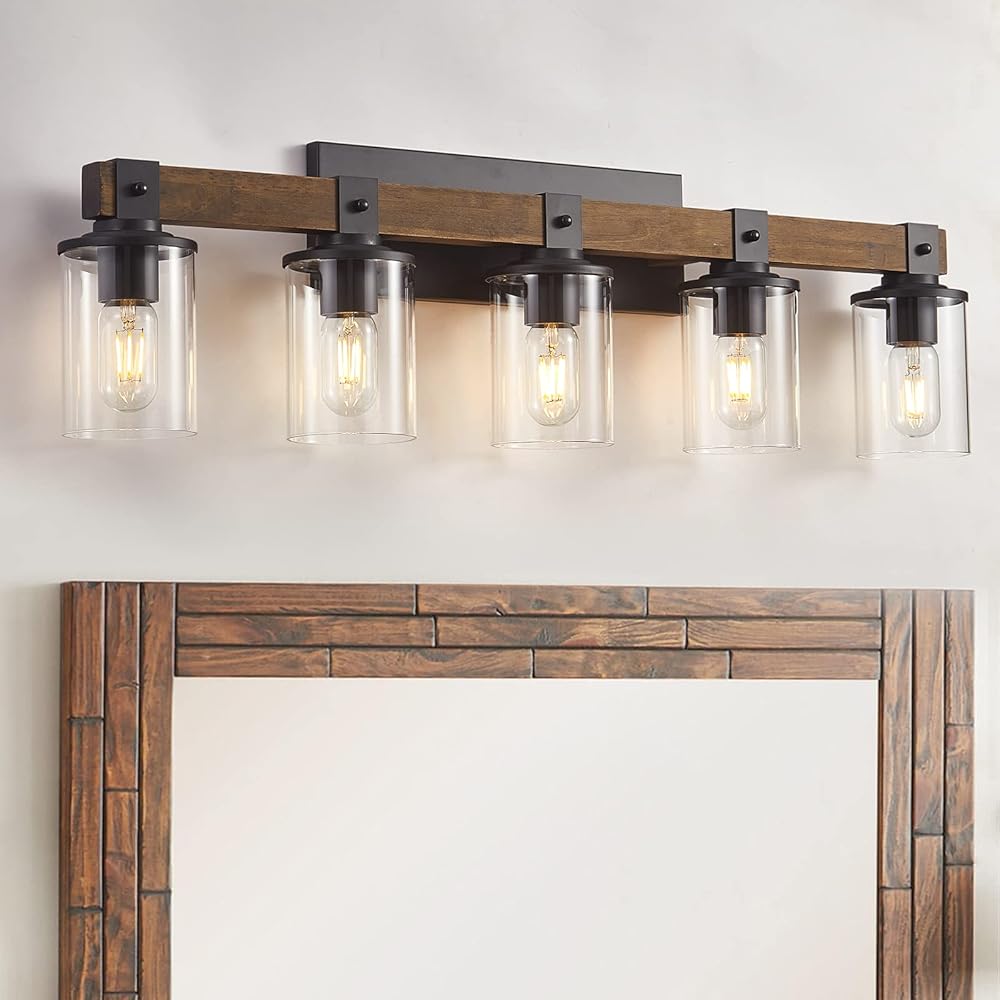 5-Light Bathroom Vanity Light, Farmhouse Bathroom Light Fixtures Over Mirror, Classic Wood Vanity Light with Clear Glass Shade, Black Wall Sconce for Bathroom, Bedroom