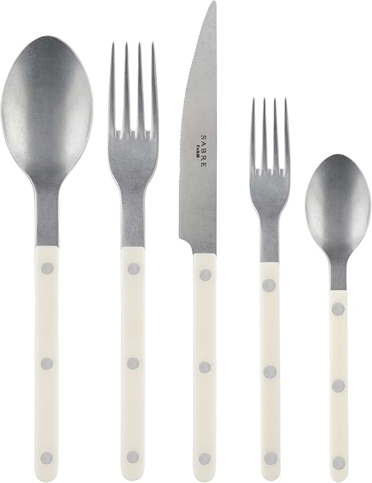 20-Piece Flatware Set for 4 - Bistrot Vintage Collection - Knife, Fork, Soup Spoon, Teaspoon & Dessert Fork - Stainless Steel & Nylon - Dishwasher Safe - Ivory - Mat Finish