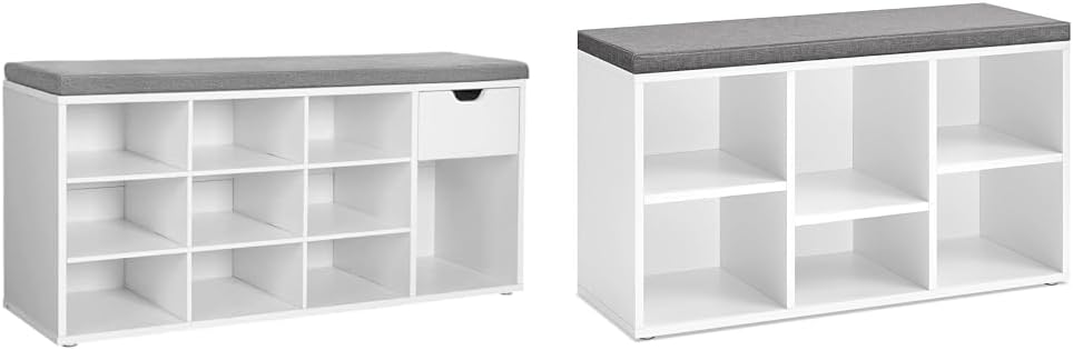 VASAGLE Storage Bench with Cushion, Drawer, Compartments and Shoe Bench with 6 Compartments, 3 Shelves, Cushioned Seat, White and Gray