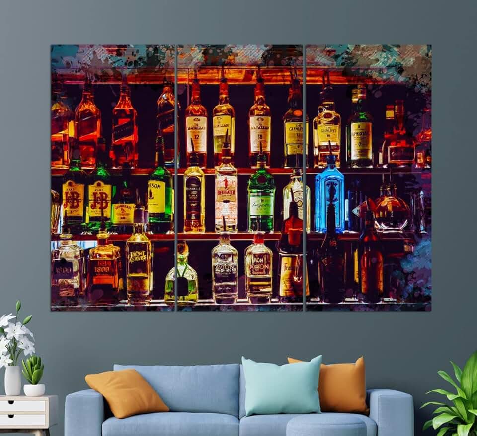 Alcohol Wall Art, Bottles with Alcohol Drinks Canvas Print, Alcohol Painting, Kitchen Wall Decor, Pub Wall Art, Restaurant Print