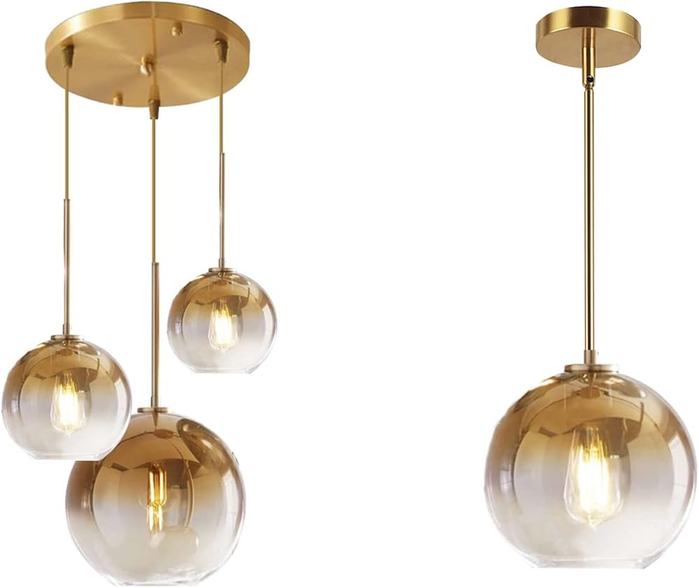 KCO Lighting Modern 3-Light Cluster Pendant Light Brush Brass Multi Light Pendant Lighting Gradient Gold Glass Pendant Light 1-Light Sphere Glass Pendant Lights Adjustable Hanging Ceiling Light Fixtur