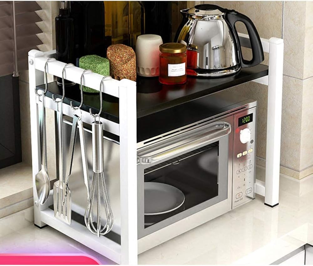 Wood Look Microwave Cart with Storage, Kitchen Oven Rackmetal Stands Simple Shelf Steel Frame Utility Shelves Baker's Rack Spice Storage Counter Organizer Multiuse-q-White 2-Tier