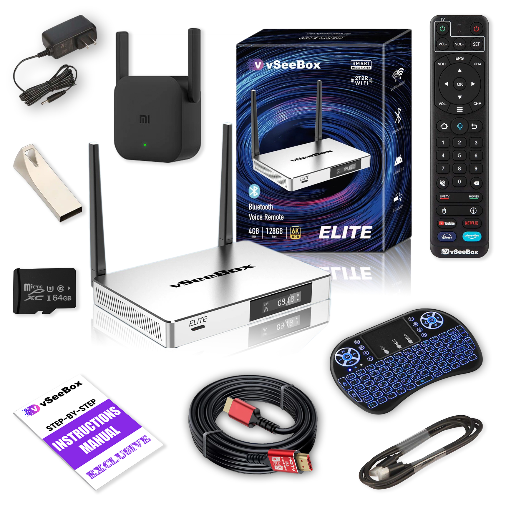 vSeeBox Elite 2024 (Android 10, 4GB RAM, 128GB Storage) Newest 6K Bundle with Voice Control Remote, 8K HDMI Cable, 64GB TF Card, 64GB USB Drive, WiFi Extender, Backlit Keyboard, Detailed Setup Guide