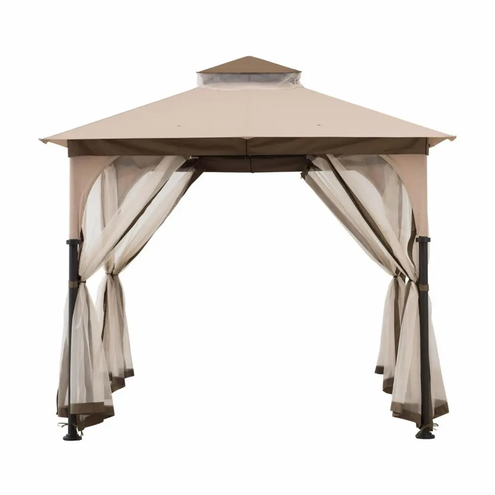 Sunjoy Shelby Outdoor Patio 9.5 x 9.5 ft. Steel Frame 2-Tier Soft Top Roof Gazebo with Ceiling hook, and Netting, Tan and Brown