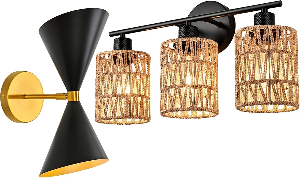 Mid Century Black Wall Sconce Bundle Farmhouse 3-Light Boho Vanity Light, ustic Natural Style Wall Light Fixture for Bedroom Bathroom Mirror Cabinet Bedroom