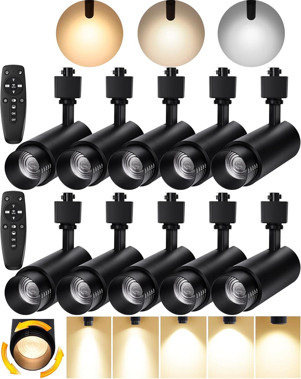 Zoomable LED Track Lighting Heads,2700K-6500K Stepless Dimming H Type Dimmable Rail Ceiling Track Lights Fixtures for Kitchen,Flicker Free 15° to 60° CRI90 12W 1200LM,Black 10 Pack