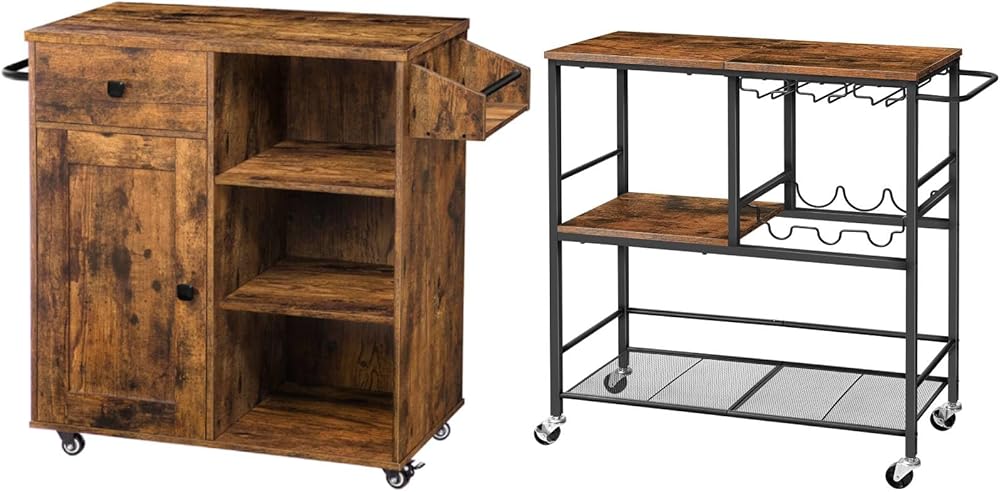 HOOBRO Kitchen Island and Bar Cart Bundle, for Living Room, Party, Bar, Rustic Brown BF12ZD01-BF21TC01G1