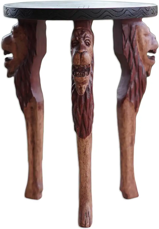 NOVICA Artisan Handcrafted Wood Accent Table Sese Brown Ghana Furniture Tables Animal Themed Power Wild Cat [16.25in H x 11.5in Diam.] ' Lion Power'