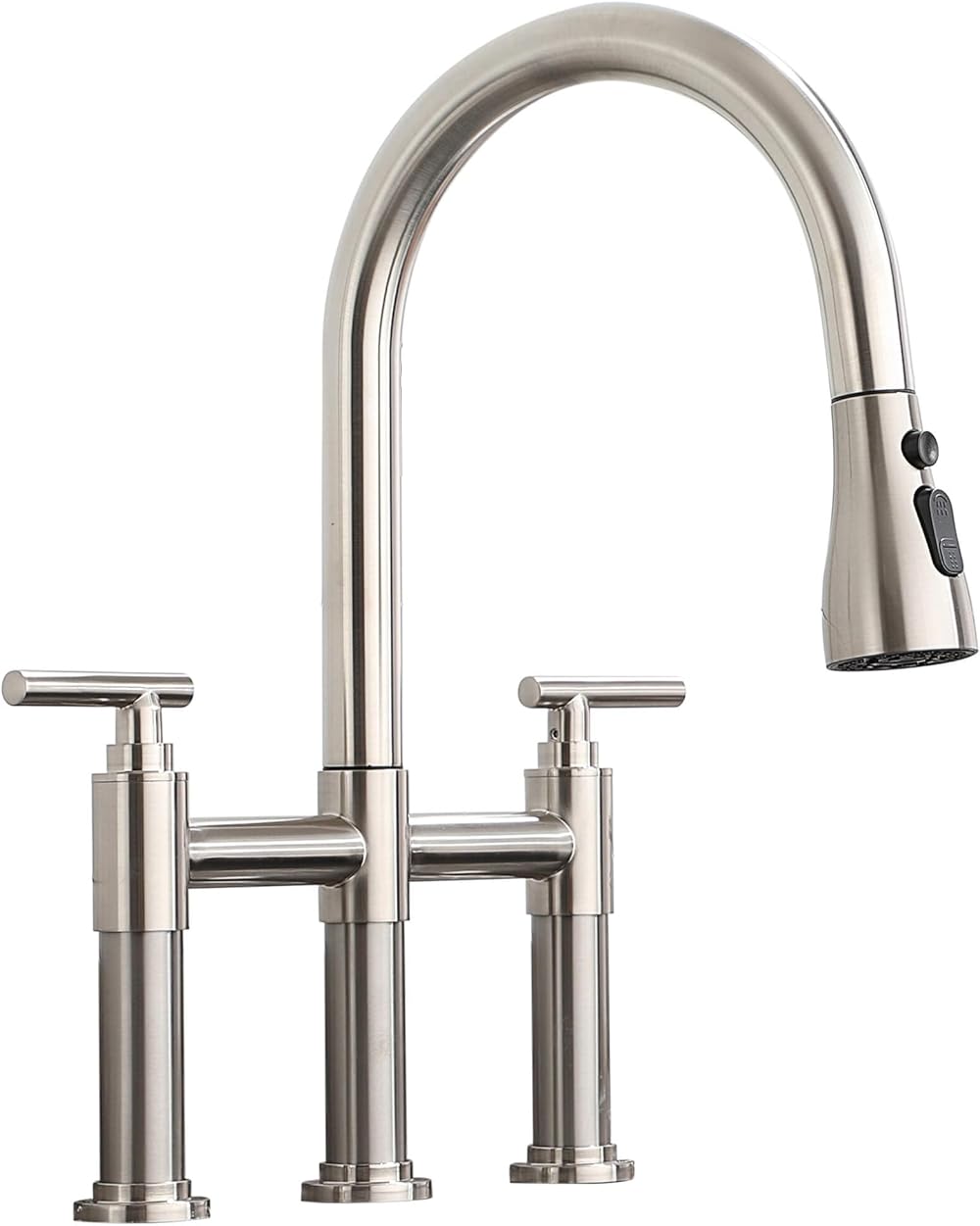Farmhouse Bridge Kitchen Faucets for Sink 3 Hole with Pull Out Sprayer - 2 Handle High Arc Gooseneck Retro Faucet with 360° Swivel, Hot & Cold Control, 3 Spray Modes, Brushed Nickel