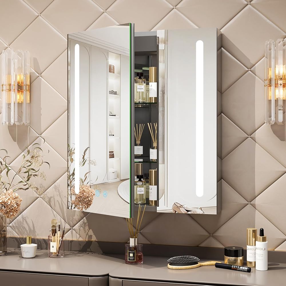 COSVALVE Lighted Medicine Cabinet with Mirror, 30x26 Aluminum Mirrored Cabinets for Bathroom Recessed or Wall Mount, with Electrical Outlet/USB/Anti-Fog/3 Colors Temperature Dimmable, Silver