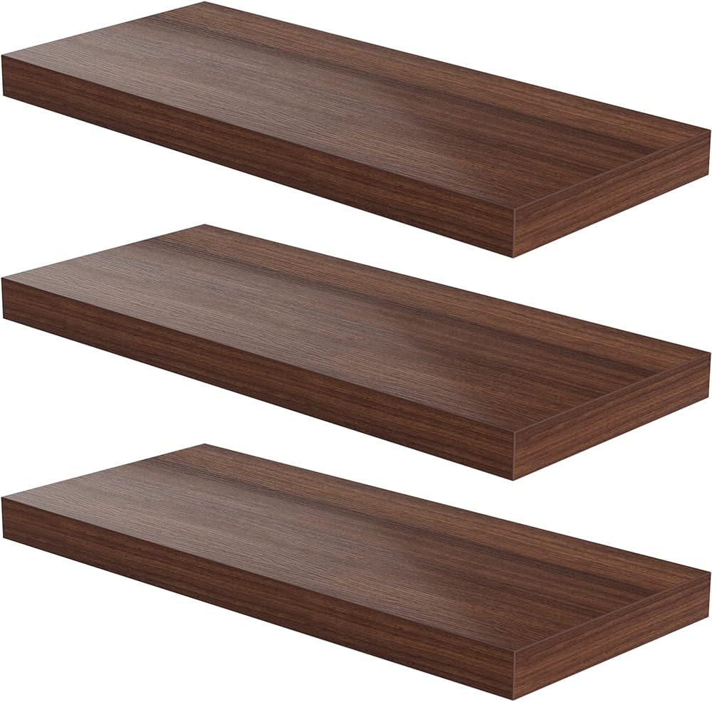 Floating Shelf, Set of 3 Wall Shelf, 24 in W x 12.75 in D x 2 in H Wooden Floating Wall Shelf with Invisible Brackets for Living Room/Bedroom/Bathroom/Kitchen Storage and Decor, Red Brown