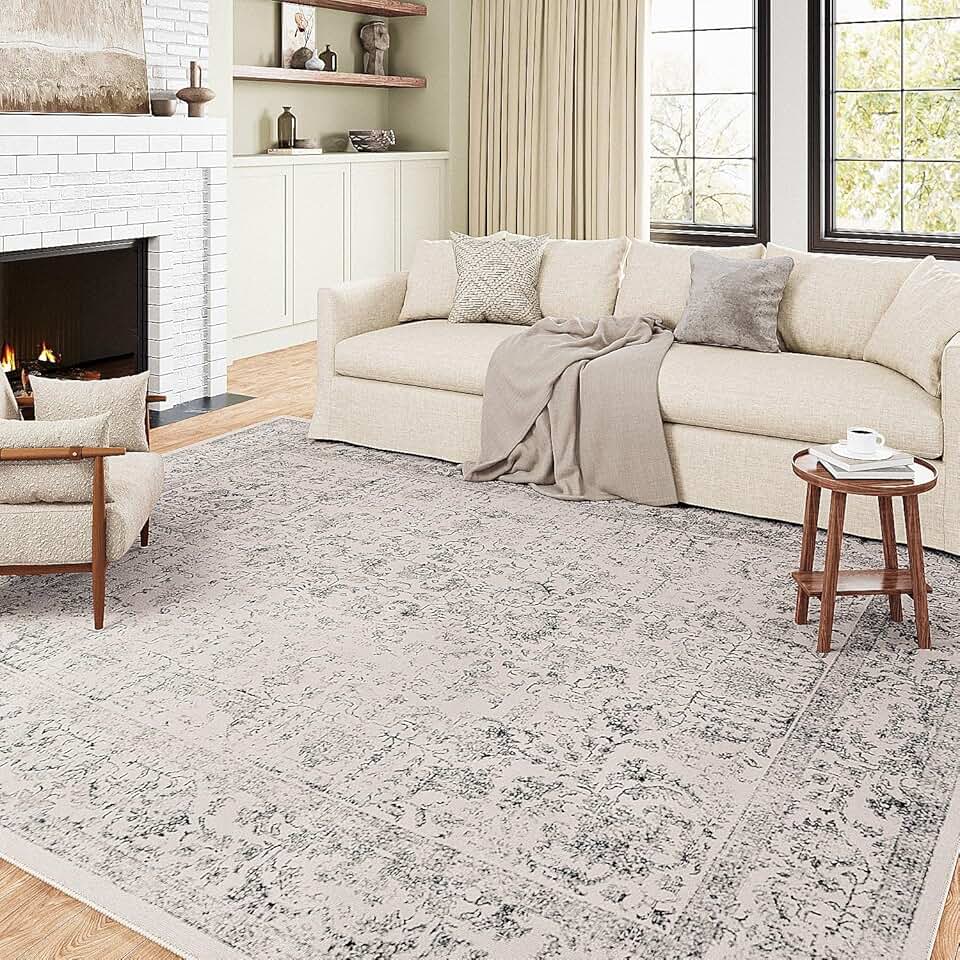 Grey Area Rug 9x12 Indoor Vintage Living Room Carpet Washable Distressed Rug Gray Floral Bedroom Rug Retro Accent Throw Rug for Office Dining Room Nursery