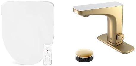 Bathroom Refresh Bundle Includes (1) Bio Bidet by Bemis Slim Three Smart Bidet Toilet Seat, Elongated, White and (1) Grove Motion Activated Hands Free Bathroom Faucet in Champagne Finish