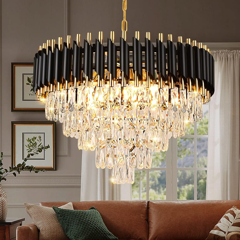 Luxury Crystal Chandelier, 8-Lights Round Raindrop Crystal Hanging Ceiling Light, 5-Tier Pendant Lights Fixture for Dining Room, Living Room, Kitchen Island, Bedroom, D23.6''