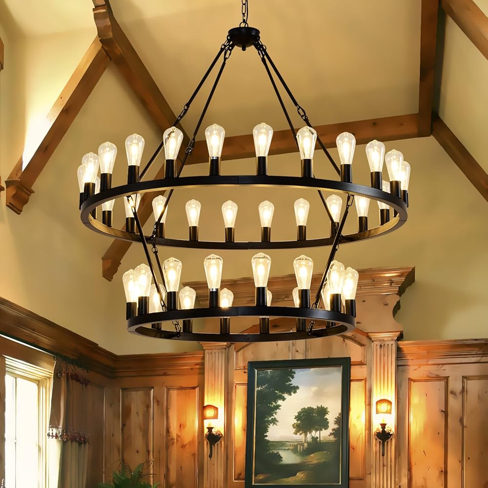 48 Inch Black Extra Large Wagon Wheel Chandelier, 2 Tier 40-Lights Farmhouse Industrial Round High Ceiling Pendant Light Adjustable Chain, for Dining Room, Living Room