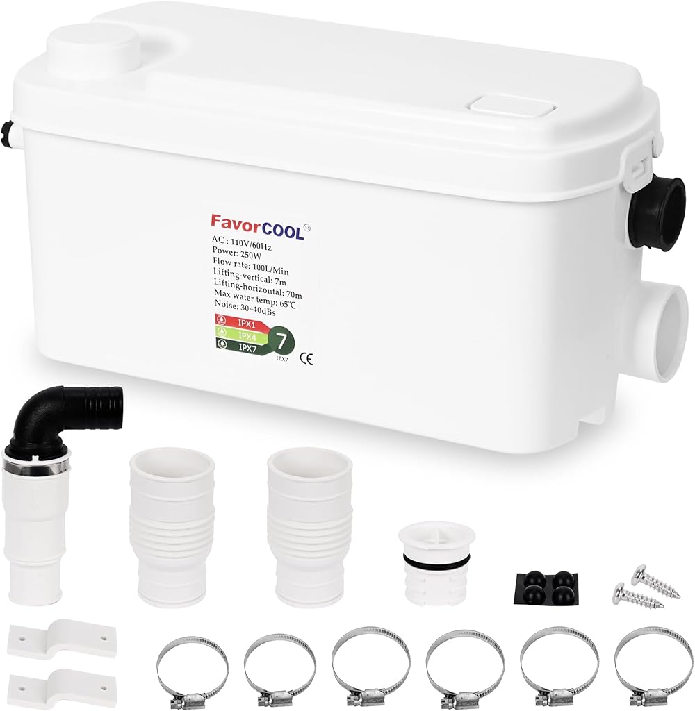 Sink Sewerage Pump, 250W Sewerage Sump Pump Upflush to 22.9ft/7 m with 3 Water Inlets for Basement, Kitchen, Sink, Shower, Bathtub, Laundry, RV Sewage Treatment Pump