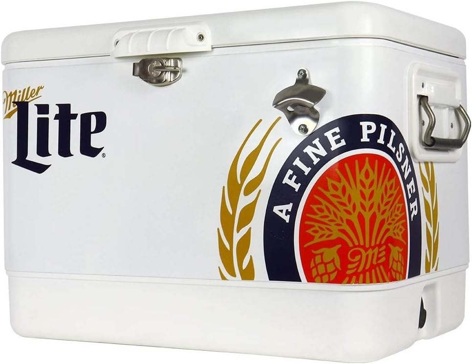 Koolatron Retro Ice Chest Cooler with Bottle Opener Blue and Red, Vintage Style Ice Bucket for Camping, Beach, Picnic, RV, BBQs, Tailgating, Fishing