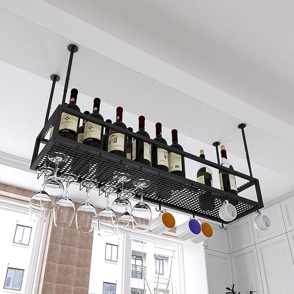 Wine Rack Ceiling Mount Pot Rack Kitchen Pan Rack Hanging Shelf, Wine Bottle Organiser Storage Shelving Holder for Bars,Restaurants,Kitchens/Onecolor/140 * 25 * 21Cm