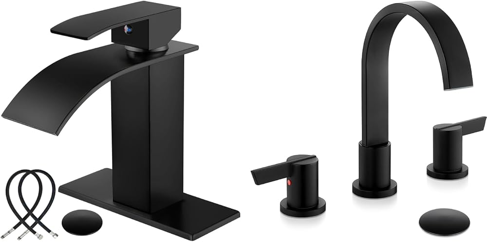 Midanya Matte Black Waterfall Bathroom Sink Faucet with Matte Black 8 inch Widespread Bathroom Sink Faucet Waterfall 3 Holes 2 Handles Bathroom Faucet