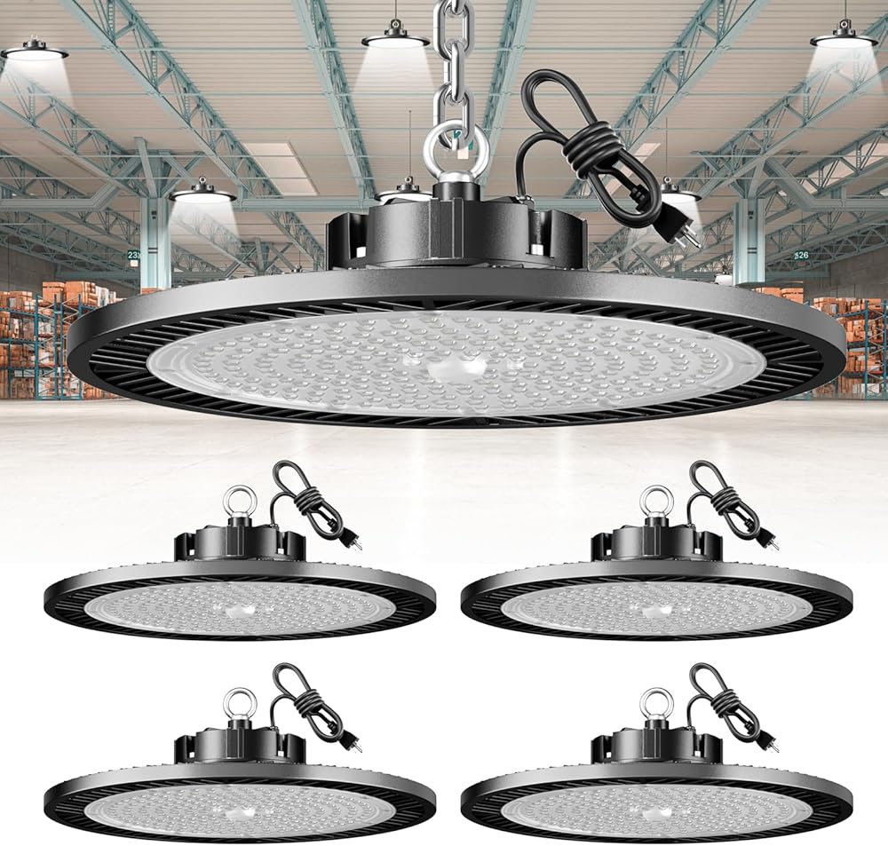 UFO Led High Bay Light, 250W 4 Pack 35000lm 5000k Daylight 100-277v Led Shop Light with 5' Cable 3-Pin Plug Hook Safe Rope, Led Garage Light for Warehouse Workshop Barn Garage