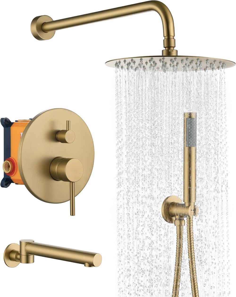 MONDAWE Round Shower Faucets Sets Complete with Tub Spout, Wall Mounted Shower System 10 Inch Rainfall Shower Head with Handheld Combo, Brushed Gold High Pressure Shower Faucet Set