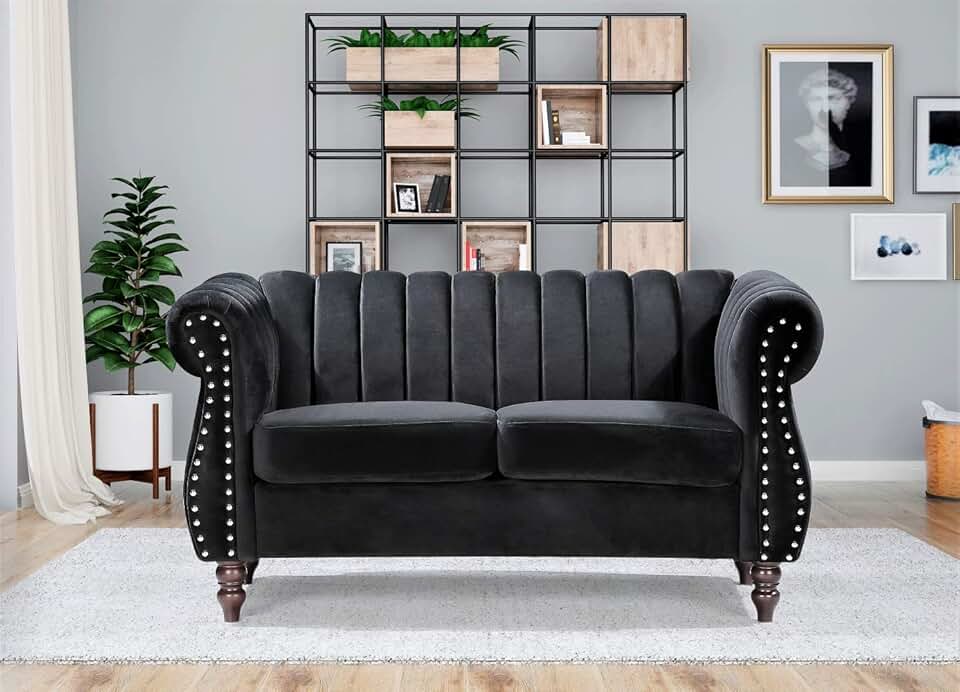 US Pride Furniture Chesterfield Rolled Arm Modern Style Fabric Black Velvet Soft Living Room Loveseat with Removable Back Cushions & Solid Wood Support (S5644-5649) Sofas