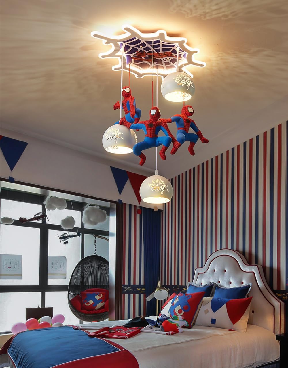 Children's Room Superhero Chandelier Boys Dining Room LED Ceiling Light Bedroom Dimmable Pendant Lamp Eye Protection led Lamps Tri-Color Dimming Kids ‎Kitchen Kindergarten Decorative Ceiling Lamp