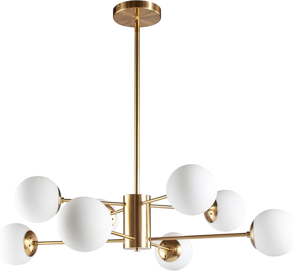 8-Light Globe Sputnik Chandelier Gold Mid Century Modern Light Fixture Brushed Brass Finished with White Frosted Globe Glass Lampshade Sputnik Chandeliers for Dining Room Bedroom Kitchen Island