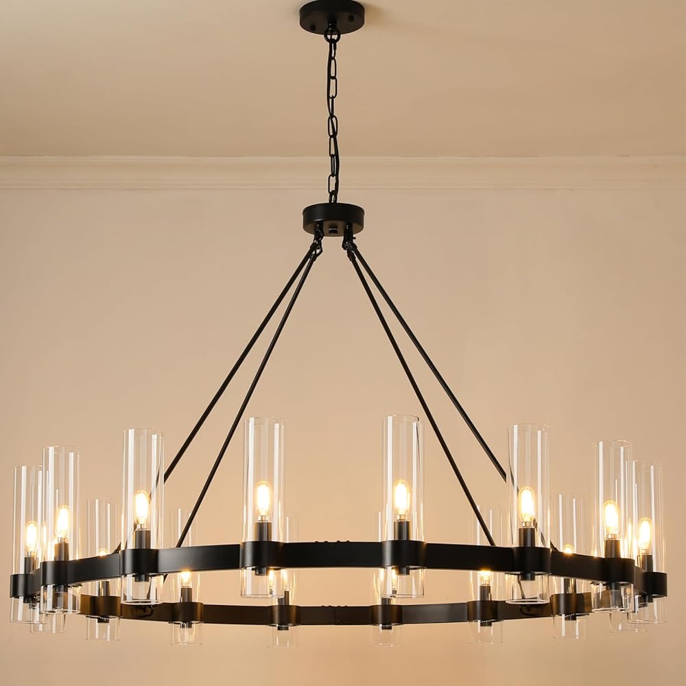 16-Lights Black Chandelier,Wagon Wheel Chandelier with Glass Shade,48 Inch Large Round Industrial High Ceilings Pendant Lighting Fixture for Dining Living Room, Kitchen Island, Foyer