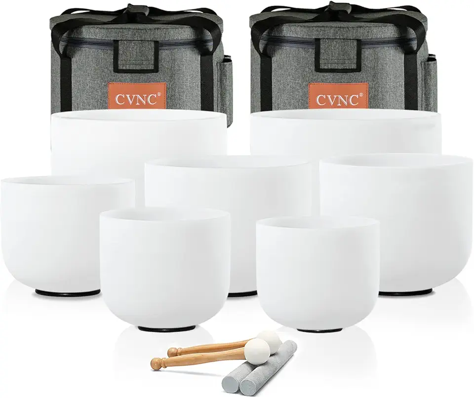 432HZ 6-12 Inch Set Of 7 PCS Frosted Chakra Quartz Crystal Singing Bowls for Sound Healing with 2 PCS Travel Carry Case Bag