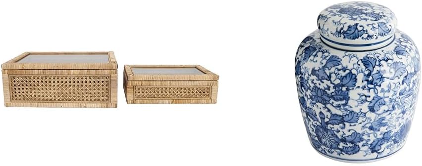 Creative Co-Op Modern Decorative Rectangle Woven Rattan and Wood Display Boxes with Glass Top, Set of 2 Sizes, Natural Finish & Blue & White Ceramic Ginger Jar with Lid