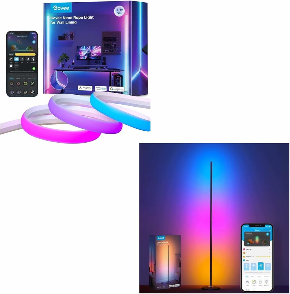 Govee RGBIC Floor Lamp, LED Corner Lamp Bundle Neon Rope Light for Wall Lining, LED Rope Lights