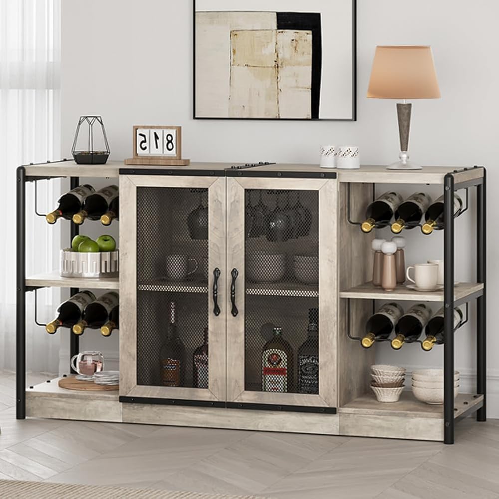 GAOMON Wine Bar Cabinet, Liquor Cabinet for Liquor and Glasses, Industrial Bars & Wine Cabinets with Storage and Wine Rack, Home Bar Furniture for Dining Room, Living Room, Kitchen (Grey)