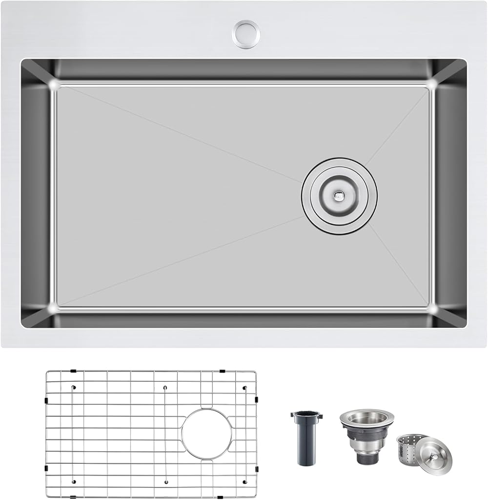 26 inch Drop-in Kitchen Sink Single Bowl, Topmount Kitchen Sink with Protective Bottom Grid, Overmount 304 Stainless Steel Kitchen Bar Sink Handmade with Basket Strainer, 26×18×9 inch