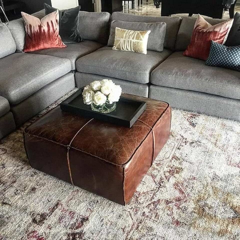 Pouf Cover - Square Large Ottoman Leather Cover Pouf - Bohemian Living Room Decor Vegan-Friendly Pouf- Hassock & Ottoman Footstool - Unstuffed (40 x 40 x 18 inches)