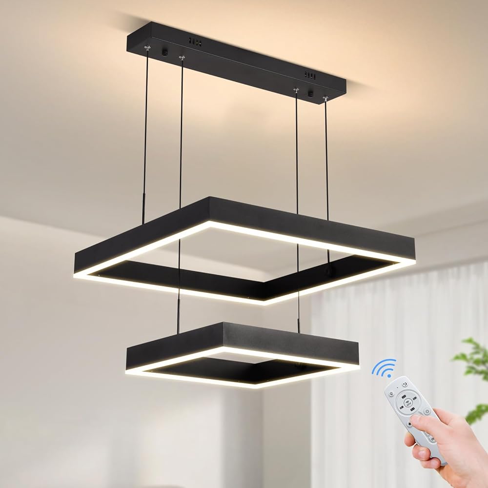 Modern Led Chandelier,2 Ring Rectangle Chandelier for Dining Room,Dimmable Black Modern Chandelier High Ceiling Hanging Lighting Fixture with Remote,Adjustable Foyer Chandelier